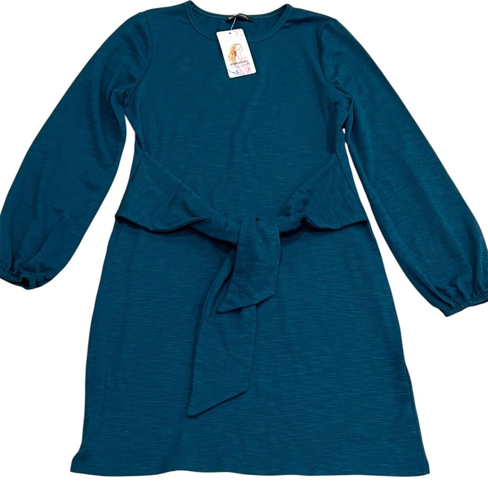 Pretty Garden Women's Green Long Sleeve Tie Waist Sweater Mini Dress Size Small
